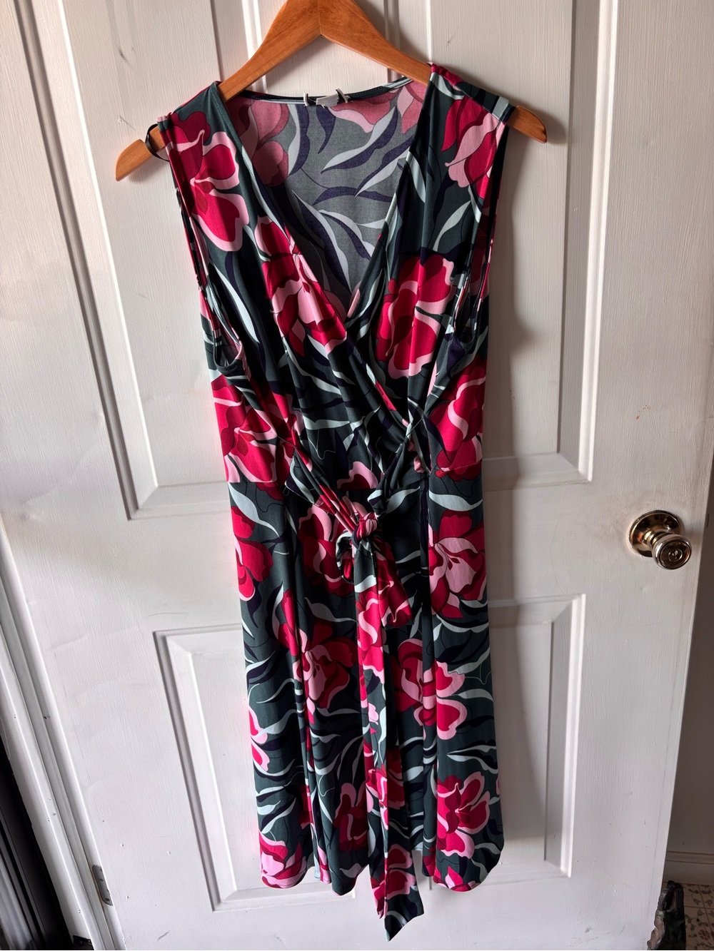 JM Collection Green Pink Floral Wrap Tie Midi Dress Sz 14W